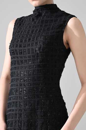 Shop_Samant Chauhan_Black Silk, Cotton High Neck Grid Textured Dress _Online_at_Aza_Fashions