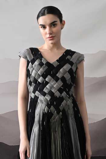 Samant Chauhan Black Silk, Cotton Beads V-neck Hand Woven Textured Gown Online at Aza Fashions Samant Chauhan_Black Silk, Cotton Beads V-neck Hand Woven Textured Gown _Online_at_Aza_Fashions