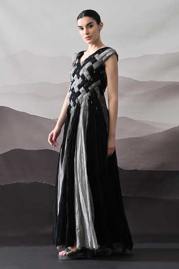 Buy Samant Chauhan Black Silk, Cotton Beads V-neck Hand Woven Textured Gown Online at Aza Fashions Buy_Samant Chauhan_Black Silk, Cotton Beads V-neck Hand Woven Textured Gown _Online_at_Aza_Fashions