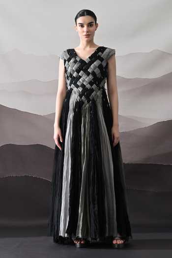 Shop Samant Chauhan Black Silk, Cotton Beads V-neck Hand Woven Textured Gown Online at Aza Fashions Shop_Samant Chauhan_Black Silk, Cotton Beads V-neck Hand Woven Textured Gown _Online_at_Aza_Fashions