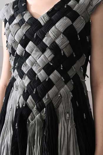 Samant Chauhan Black Silk, Cotton Beads V-neck Hand Woven Textured Gown at Aza Fashions Samant Chauhan_Black Silk, Cotton Beads V-neck Hand Woven Textured Gown _at_Aza_Fashions