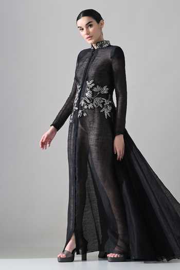Samant Chauhan Black Cotton, Linen Embroidery, Stones Mandarin Collar Gown Online at Aza Fashions Samant Chauhan_Black Cotton, Linen Embroidery, Stones Mandarin Collar Gown _Online_at_Aza_Fashions