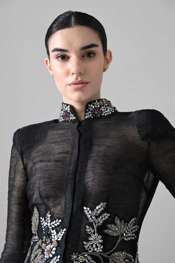 Shop Samant Chauhan Black Cotton, Linen Embroidery, Stones Mandarin Collar Gown Online at Aza Fashions Shop_Samant Chauhan_Black Cotton, Linen Embroidery, Stones Mandarin Collar Gown _Online_at_Aza_Fashions