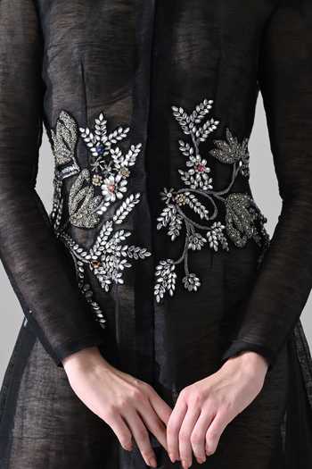 Samant Chauhan Black Cotton, Linen Embroidery, Stones Mandarin Collar Gown at Aza Fashions Samant Chauhan_Black Cotton, Linen Embroidery, Stones Mandarin Collar Gown _at_Aza_Fashions