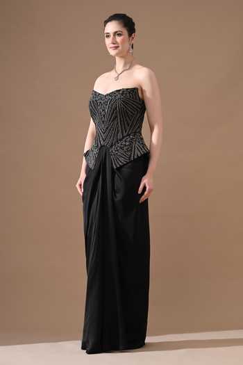Samant Chauhan_Black Silk, Cotton Embroidery Bandeau Geometric Handwork Corset And Skirt Set _Online_at_Aza_Fashions