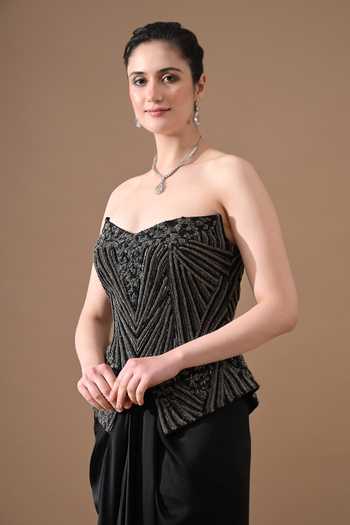 Buy_Samant Chauhan_Black Silk, Cotton Embroidery Bandeau Geometric Handwork Corset And Skirt Set _Online_at_Aza_Fashions