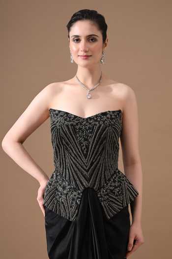 Shop_Samant Chauhan_Black Silk, Cotton Embroidery Bandeau Geometric Handwork Corset And Skirt Set _Online_at_Aza_Fashions