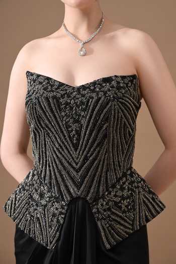Samant Chauhan_Black Silk, Cotton Embroidery Bandeau Geometric Handwork Corset And Skirt Set _at_Aza_Fashions