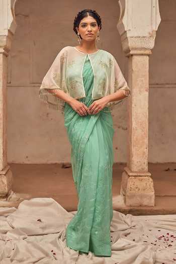 Geroo Jaipur Sea Green Hand Embroidered Chiffon Saree Set 