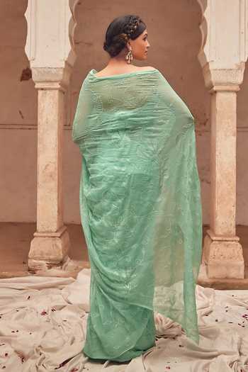 Shop Geroo Jaipur Green Chiffon, Silk Embroidery, Sequins Bandeau Neck Sea Hand Saree Set at Aza Fashions Shop_Geroo Jaipur_Green Chiffon, Silk Embroidery, Sequins Bandeau Neck Sea Hand Saree Set _at_Aza_Fashions