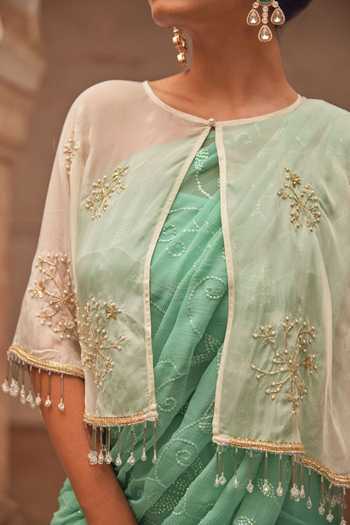 Geroo Jaipur Green Chiffon, Silk Embroidery, Sequins Bandeau Neck Sea Hand Saree Set Online at Aza Fashions Geroo Jaipur_Green Chiffon, Silk Embroidery, Sequins Bandeau Neck Sea Hand Saree Set _Online_at_Aza_Fashions