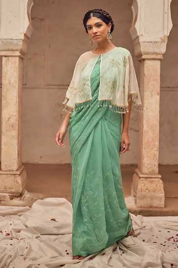 Buy Geroo Jaipur Green Chiffon, Silk Embroidery, Sequins Bandeau Neck Sea Hand Saree Set Online at Aza Fashions Buy_Geroo Jaipur_Green Chiffon, Silk Embroidery, Sequins Bandeau Neck Sea Hand Saree Set _Online_at_Aza_Fashions
