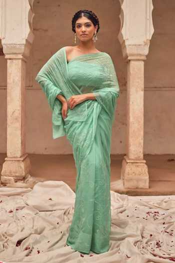 Shop Geroo Jaipur Green Chiffon, Silk Embroidery, Sequins Bandeau Neck Sea Hand Saree Set Online at Aza Fashions Shop_Geroo Jaipur_Green Chiffon, Silk Embroidery, Sequins Bandeau Neck Sea Hand Saree Set _Online_at_Aza_Fashions