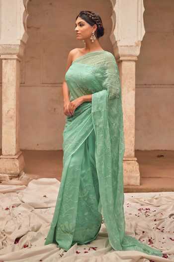 Geroo Jaipur Green Chiffon, Silk Embroidery, Sequins Bandeau Neck Sea Hand Saree Set at Aza Fashions Geroo Jaipur_Green Chiffon, Silk Embroidery, Sequins Bandeau Neck Sea Hand Saree Set _at_Aza_Fashions