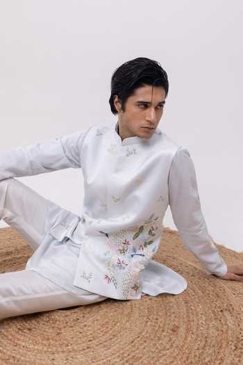 Buy Kaka Calcutta Sky Blue Linen Embroidery Swan Nehru Jacket Online at Aza Fashions Buy_Kaka Calcutta_Sky Blue Linen Embroidery Swan Nehru Jacket _Online_at_Aza_Fashions