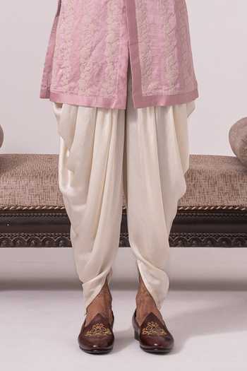 Char Chaand_Pink Silk, Linen Gulnaar Embroidered Kurta _Online_at_Aza_Fashions
