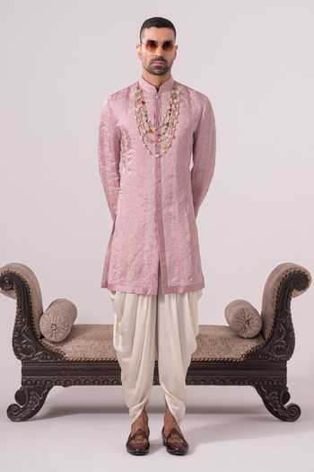 Shop_Char Chaand_Pink Silk, Linen Gulnaar Embroidered Kurta _Online_at_Aza_Fashions