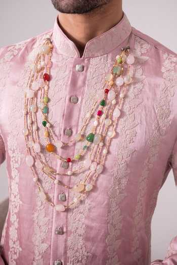Char Chaand_Pink Silk, Linen Gulnaar Embroidered Kurta _at_Aza_Fashions