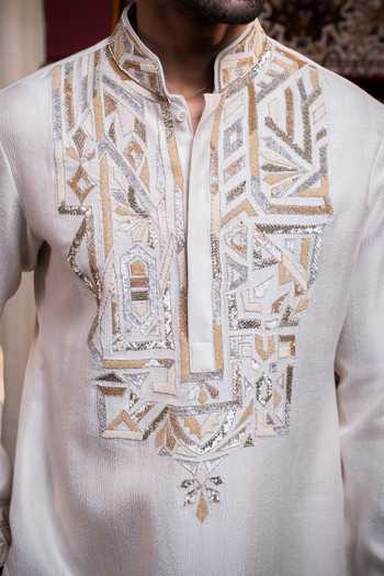 Char Chaand Ivory Satin, Tissue Prism Abstract Geometric Motif Kurta at Aza Fashions Char Chaand_Ivory Satin, Tissue Prism Abstract Geometric Motif Kurta _at_Aza_Fashions