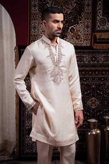 Char Chaand_Ivory Linen, Satin Noor Eclat Straight Embroidered Kurta  _Online_at_Aza_Fashions