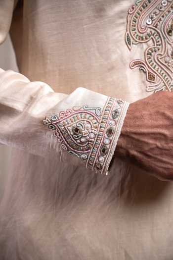 Shop_Char Chaand_Ivory Linen, Satin Noor Eclat Straight Embroidered Kurta  _Online_at_Aza_Fashions