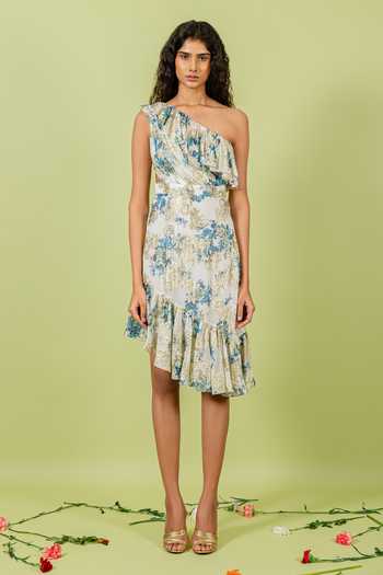 Swatee Singh_White Georgette Asymmetric Neck, One Shoulder Hem Floral Print Dress _at_Aza_Fashions