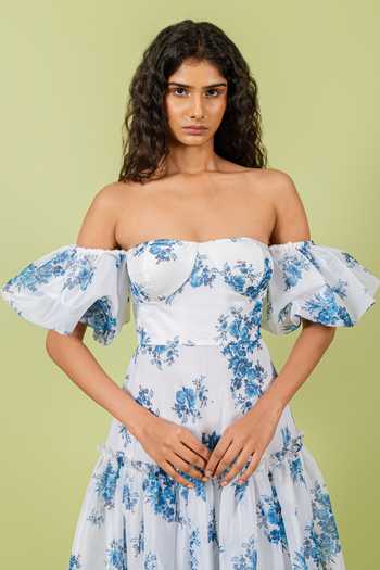 Swatee Singh_Blue Organza Sweetheart Neck, Off-shoulder Off Floral Print Dress _Online_at_Aza_Fashions