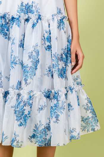 Buy_Swatee Singh_Blue Organza Sweetheart Neck, Off-shoulder Off Floral Print Dress _Online_at_Aza_Fashions