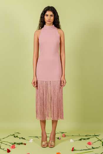 Swatee Singh_Pink Crepe Halter Neck Fringed Hem Dress _Online_at_Aza_Fashions