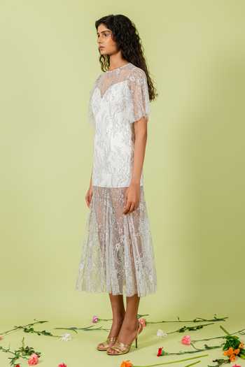 Swatee Singh_White Lace Round , Sweetheart Sheer Dress_at_Aza_Fashions