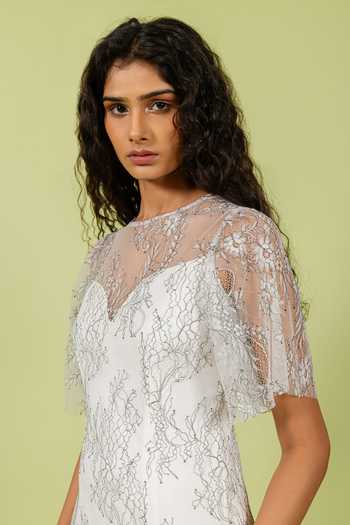 Buy_Swatee Singh_White Lace Round , Sweetheart Sheer Dress