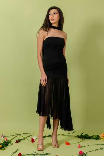 Shop_Swatee Singh_Black Georgette Bandeau Neck Asymmetric Hem Dress With Stole _Online_at_Aza_Fashions