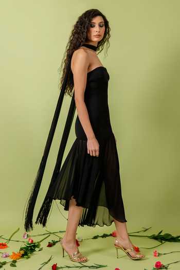 Buy_Swatee Singh_Black Georgette Bandeau Neck Asymmetric Hem Dress With Stole 