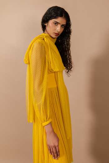 Swatee Singh Yellow Lycra, Lace High , Keyhole Polka Dress Online at Aza Fashions Swatee Singh_Yellow Lycra, Lace High , Keyhole Polka Dress_Online_at_Aza_Fashions