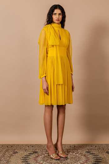 Buy Swatee Singh Yellow Lycra, Lace High , Keyhole Polka Dress Online at Aza Fashions Buy_Swatee Singh_Yellow Lycra, Lace High , Keyhole Polka Dress_Online_at_Aza_Fashions