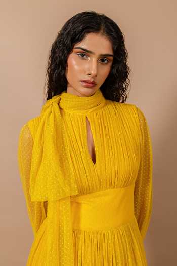 Shop Swatee Singh Yellow Lycra, Lace High , Keyhole Polka Dress Online at Aza Fashions Shop_Swatee Singh_Yellow Lycra, Lace High , Keyhole Polka Dress_Online_at_Aza_Fashions