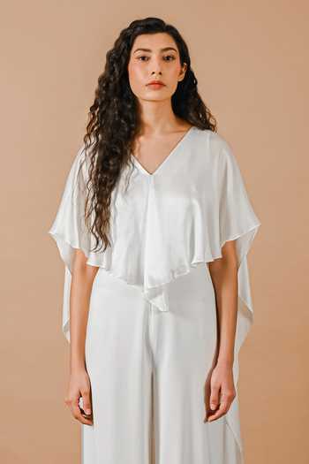 Buy Swatee Singh Ivory Crepe, Satin V-neck Moon Orchid Heavy And Jumpsuit Online at Aza Fashions Buy_Swatee Singh_Ivory Crepe, Satin V-neck Moon Orchid Heavy And Jumpsuit _Online_at_Aza_Fashions