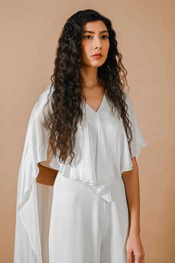 Shop Swatee Singh Ivory Crepe, Satin V-neck Moon Orchid Heavy And Jumpsuit Online at Aza Fashions Shop_Swatee Singh_Ivory Crepe, Satin V-neck Moon Orchid Heavy And Jumpsuit _Online_at_Aza_Fashions