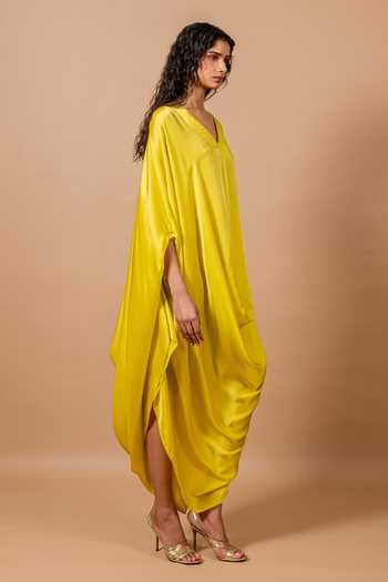 Swatee Singh Yellow Satin Cowl Neck Lina Draped Dress Online at Aza Fashions Swatee Singh_Yellow Satin Cowl Neck Lina Draped Dress _Online_at_Aza_Fashions