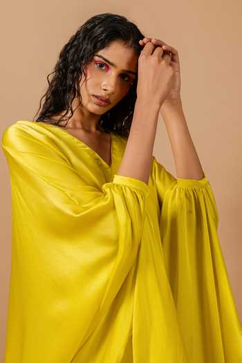 Buy Swatee Singh Yellow Satin Cowl Neck Lina Draped Dress Online at Aza Fashions Buy_Swatee Singh_Yellow Satin Cowl Neck Lina Draped Dress _Online_at_Aza_Fashions