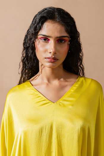 Shop Swatee Singh Yellow Satin Cowl Neck Lina Draped Dress Online at Aza Fashions Shop_Swatee Singh_Yellow Satin Cowl Neck Lina Draped Dress _Online_at_Aza_Fashions