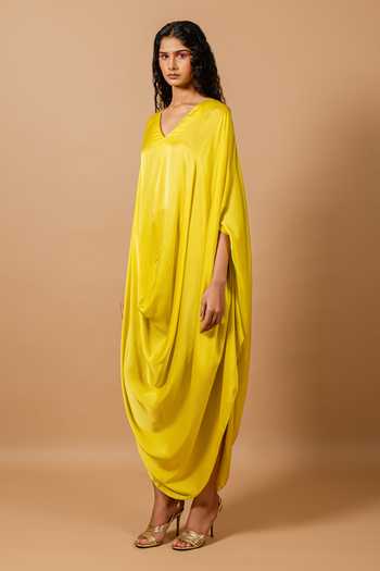 Swatee Singh Yellow Satin Cowl Neck Lina Draped Dress at Aza Fashions Swatee Singh_Yellow Satin Cowl Neck Lina Draped Dress _at_Aza_Fashions