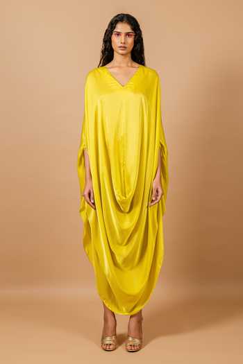 Buy Swatee Singh Yellow Satin Cowl Neck Lina Draped Dress Buy_Swatee Singh_Yellow Satin Cowl Neck Lina Draped Dress