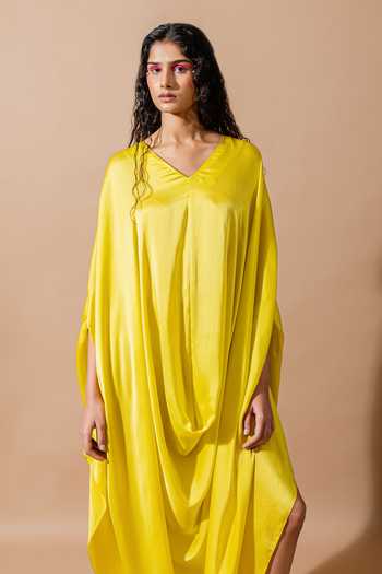 Shop Swatee Singh Yellow Satin Cowl Neck Lina Draped Dress Shop_Swatee Singh_Yellow Satin Cowl Neck Lina Draped Dress