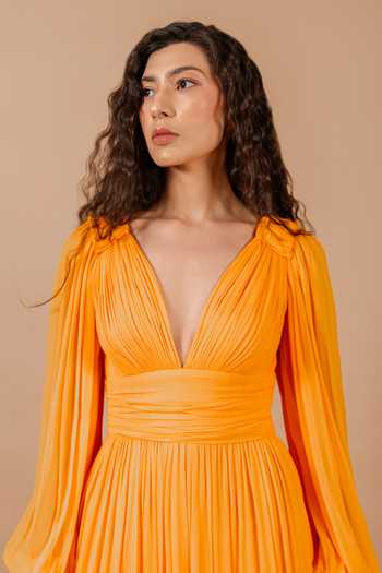 Swatee Singh_Orange Georgette, Crepe V-neck Mira V Maxi Dress _Online_at_Aza_Fashions