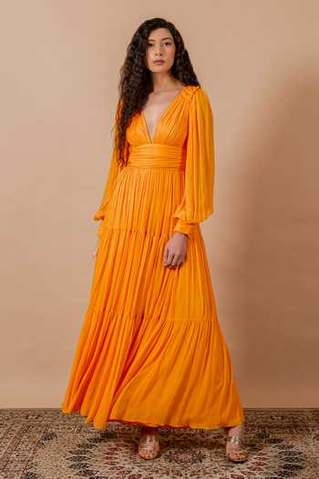 Shop_Swatee Singh_Orange Georgette, Crepe V-neck Mira V Maxi Dress _Online_at_Aza_Fashions