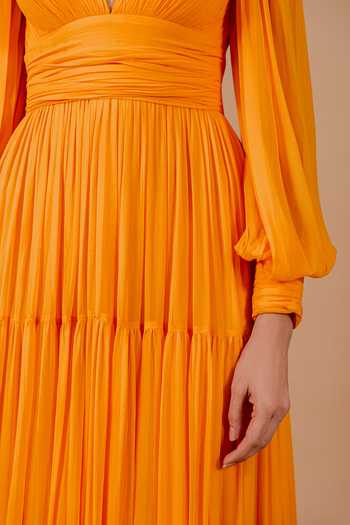 Swatee Singh_Orange Georgette, Crepe V-neck Mira V Maxi Dress _at_Aza_Fashions