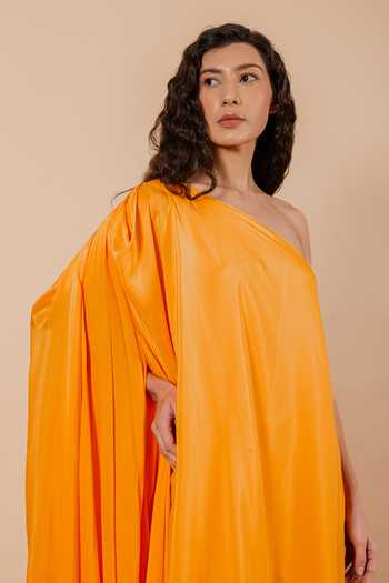 Swatee Singh_Orange Crepe, Satin One Shoulder Elara Cowl Draped Dress _Online_at_Aza_Fashions