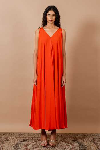 Buy_Swatee Singh_Orange Crepe V-neck Siena V Maxi Dress _Online_at_Aza_Fashions