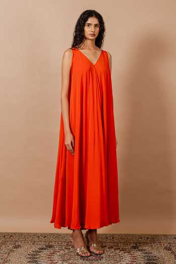 Shop_Swatee Singh_Orange Crepe V-neck Siena V Maxi Dress _Online_at_Aza_Fashions